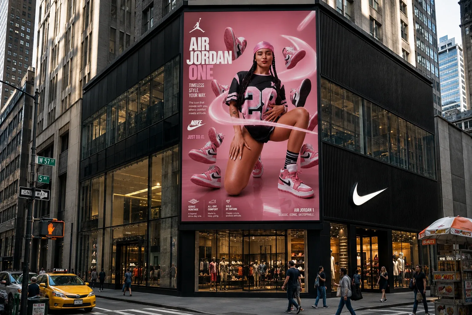 Air Jordan One billboard on a Nike store corner