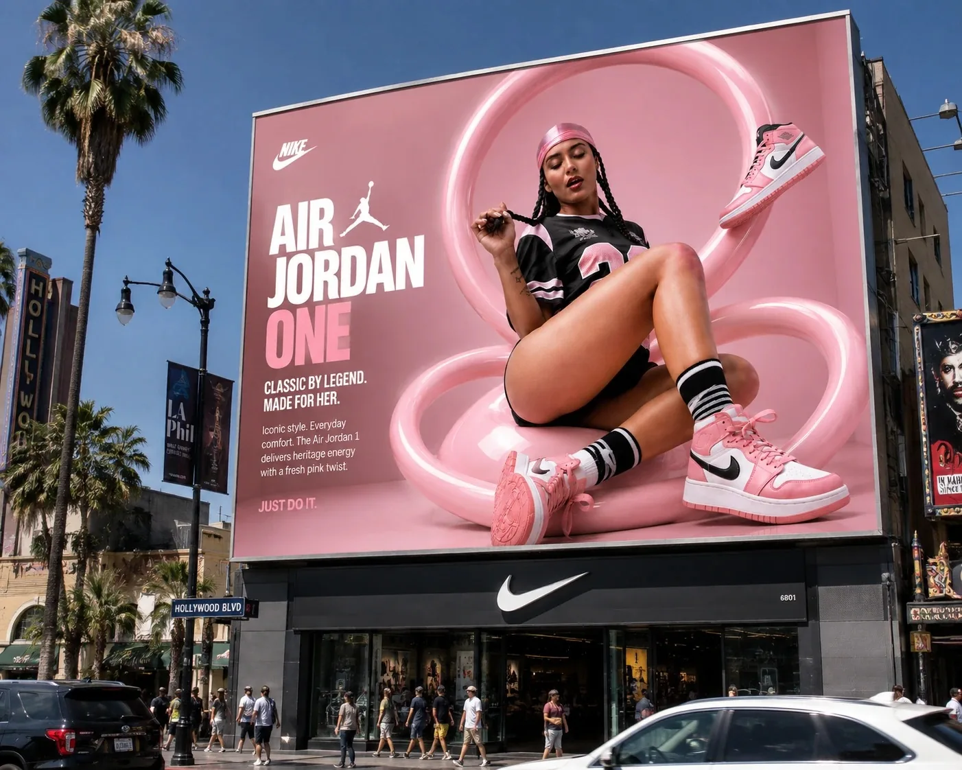 Campaña Nike Air Jordan One en un espectacular sobre una tienda Nike